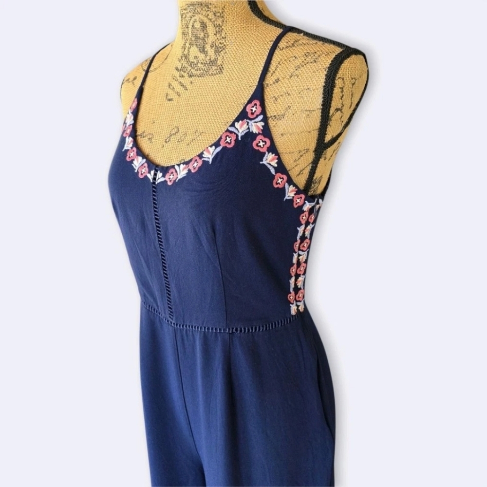Skies Are Blue | Navy Blue Embroidered Jumpsuit Womens Med Knit Sleeveless